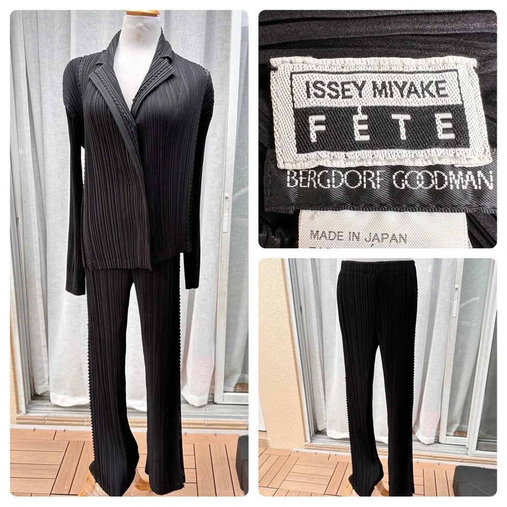 Issey Miyake Fete Fully Pleated Black Blazer and Pant Suit - Picture 1 of 13